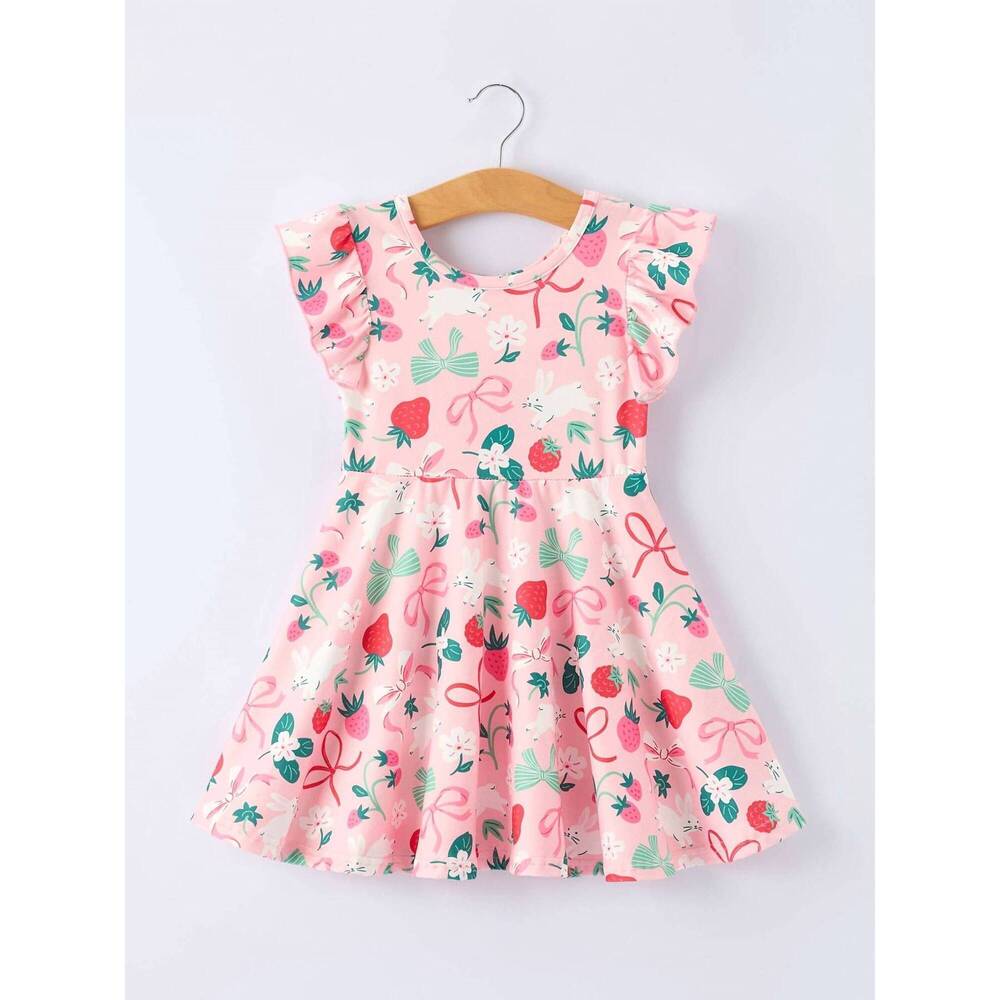 NEW RYLEE FAITH DESIGNS girls strawberry bunny bow print dress in pink